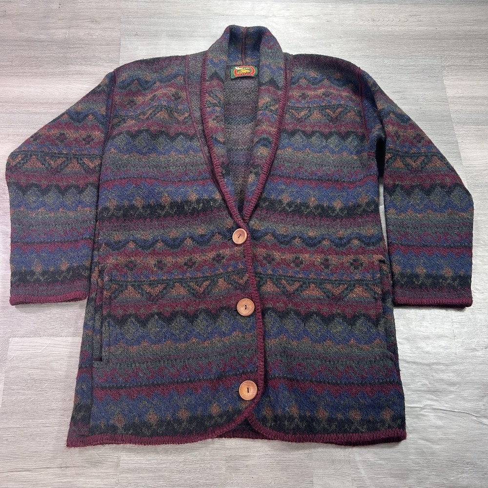 VINTAGE ALPS Cardigan Sweater Womens Small Long Multicolor Wool Fair Isle Knit